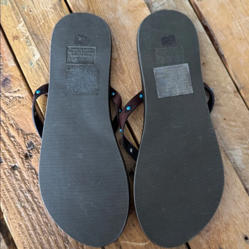 Brown Flip Flops with Turquoise Accents - Picture 3 of 3